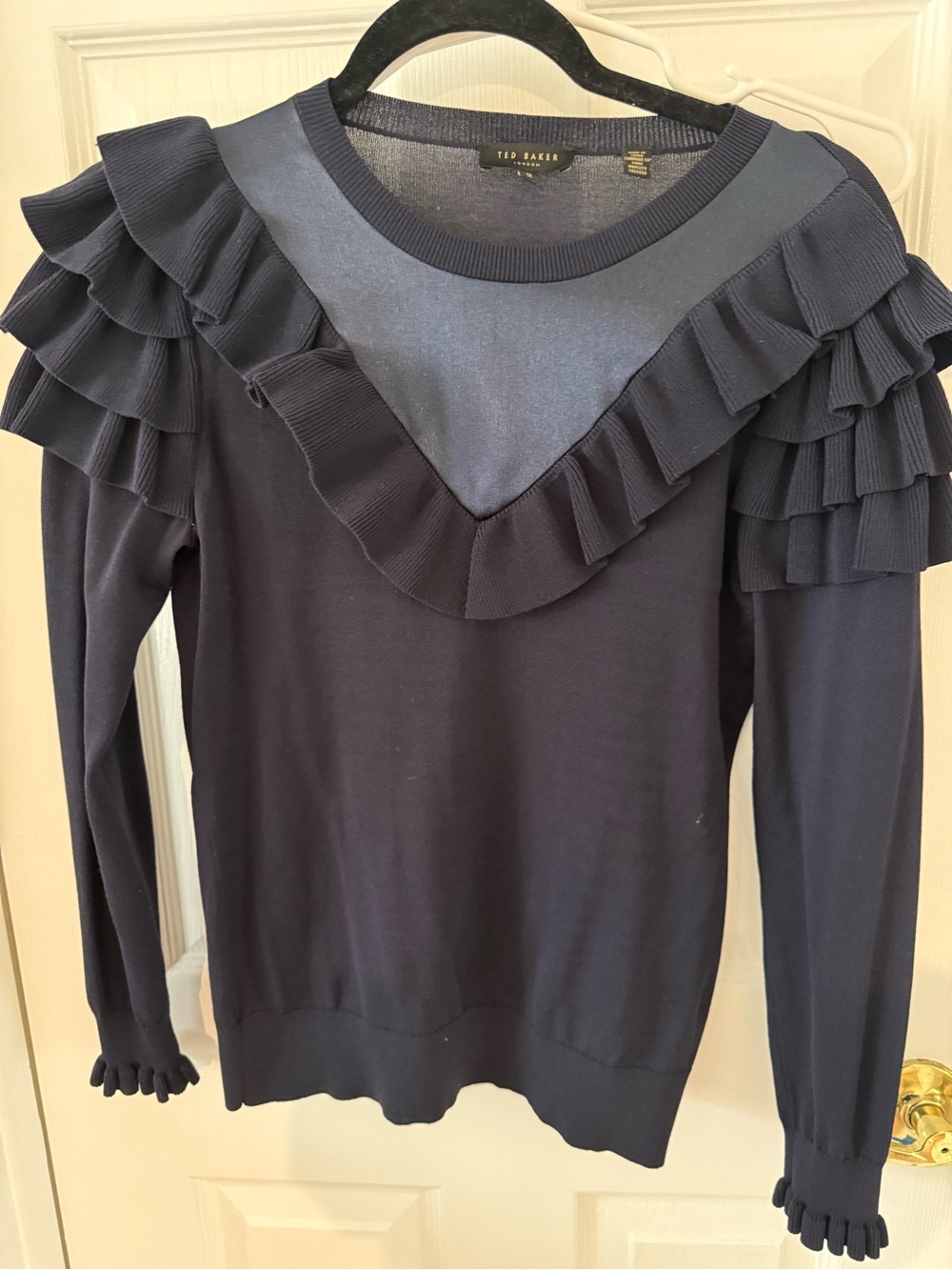 Ted Baker Navy Ruffle-Trim Knit Top